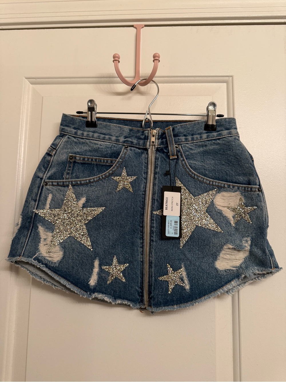 Carmar Blue Denim Mini Skirt with Silver Glitter Stars